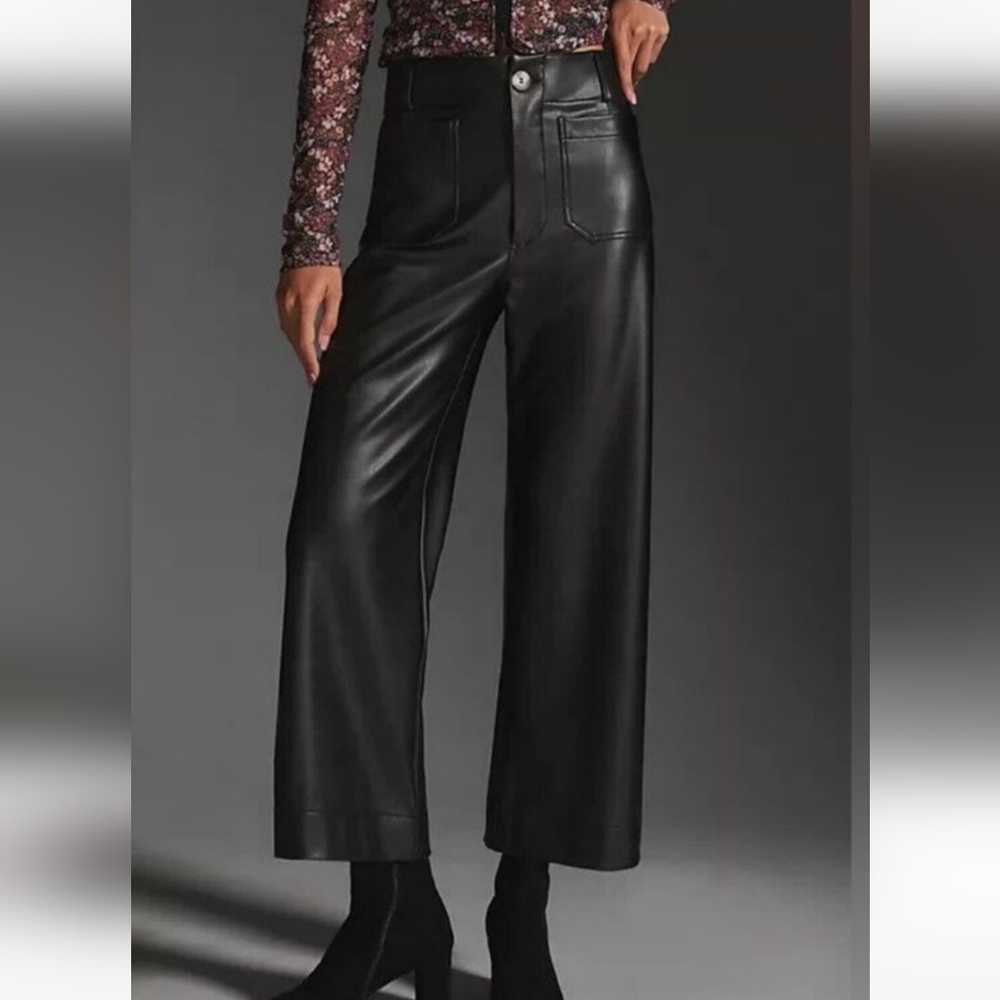 Maeve Black Faux Leather Cropped Wide-Leg Jeans